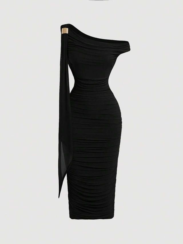black one-shoulder ruched midi dress