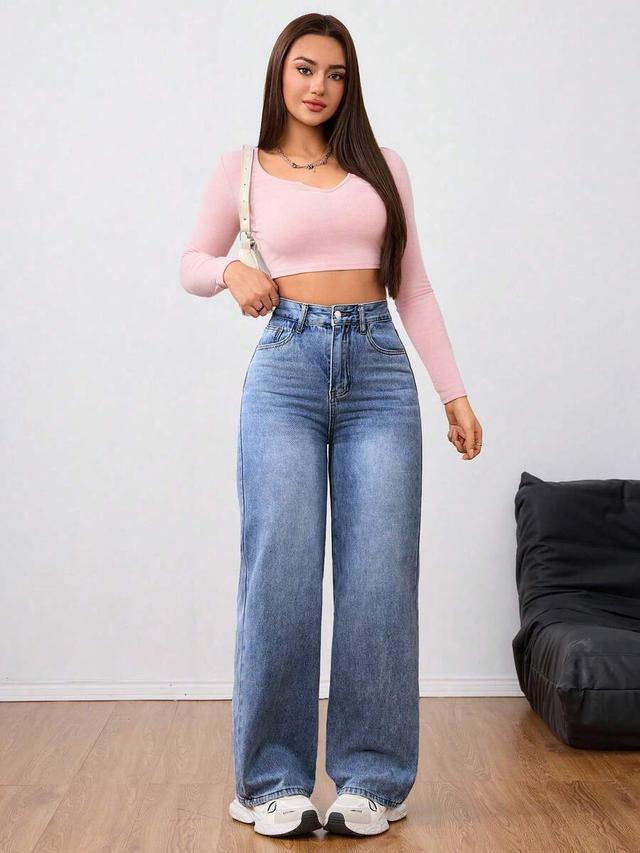 women's high-waisted medium wash loose straight leg jeans