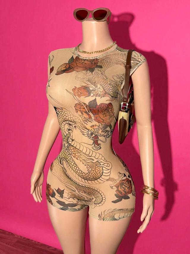 beige dragon and rose print mesh bodysuit