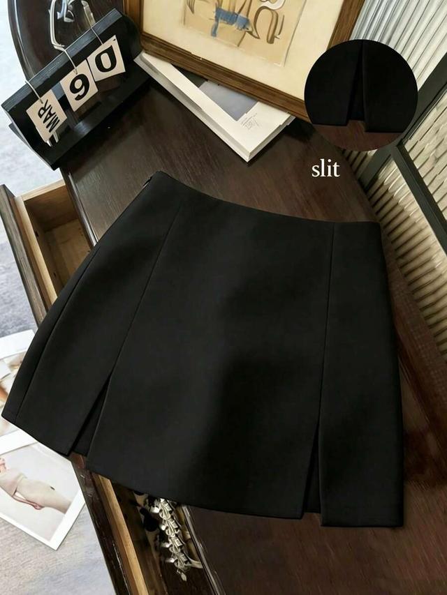 black versatile low waist slit hem a-line skirt
