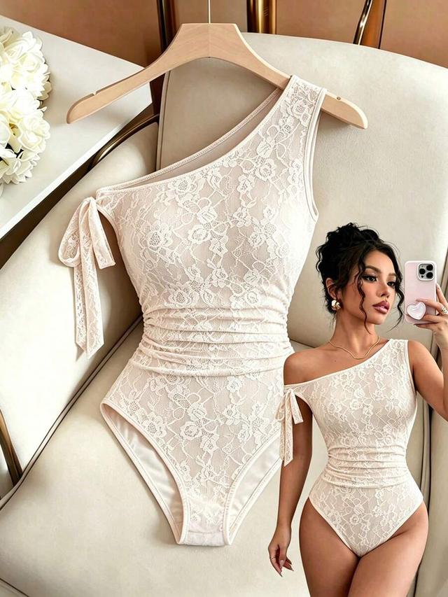 romantic elegant lace texture asymmetric neck tie waist bodysuit