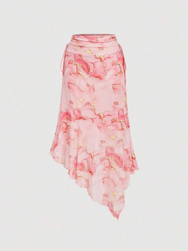 blush pink marble print asymmetrical hem midi skirt