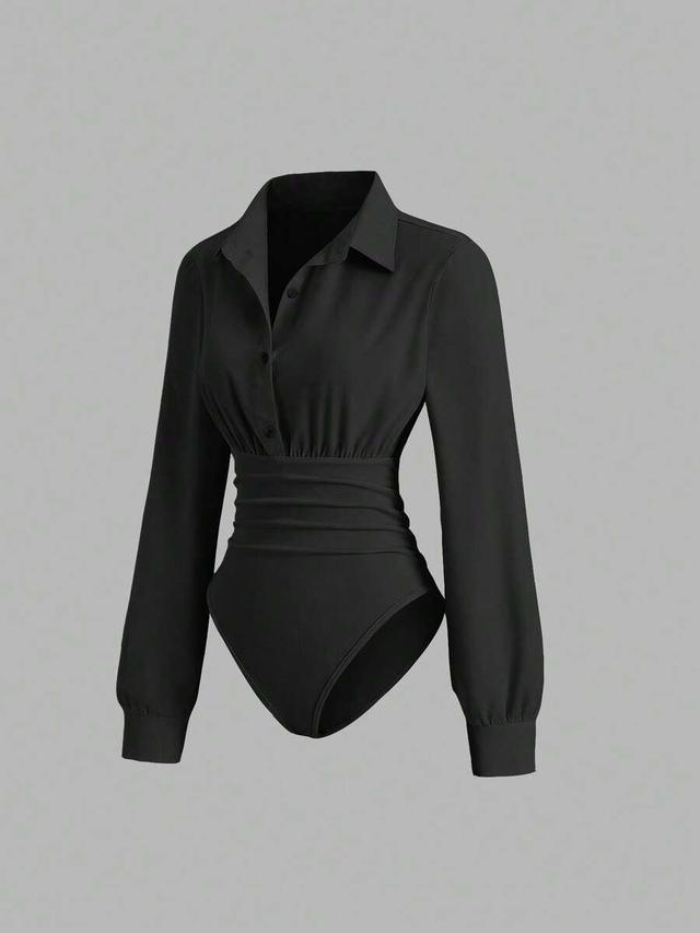 fitted long sleeve collared black bodysuit