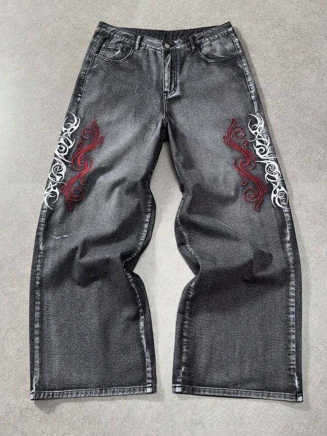 grey acid wash wide leg jeans with tribal embroidery