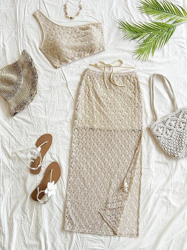soleia beige crochet knit top and midi skirt set