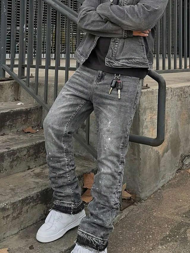 men's distressed stacked denim jeans with contrast wash