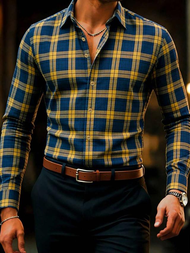 men's blue and yellow plaid long sleeve shirt