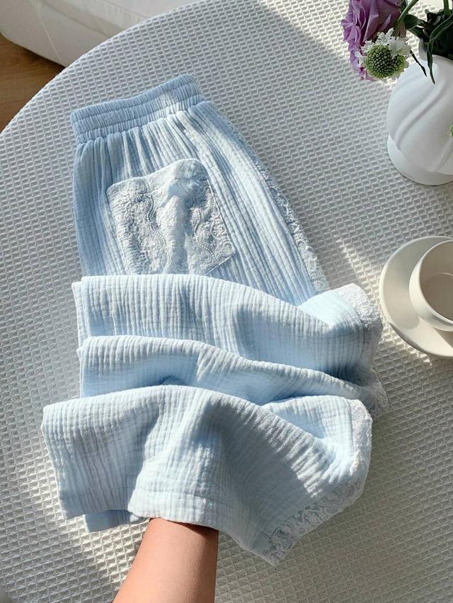 light blue casual cotton gauze wide leg pants with lace