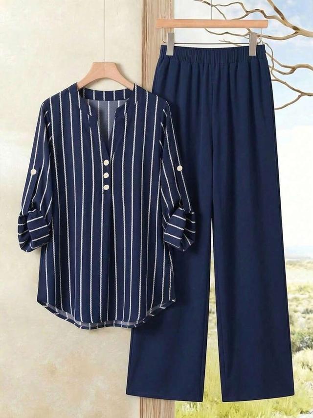 striped rolled sleeve shirt and pants casual set