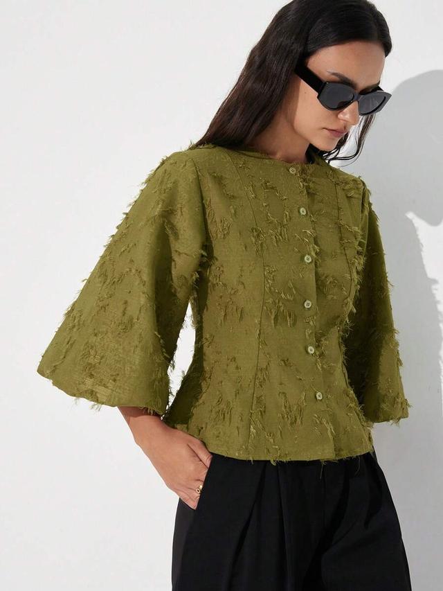 olive green tassel jacquard lantern sleeve blouse