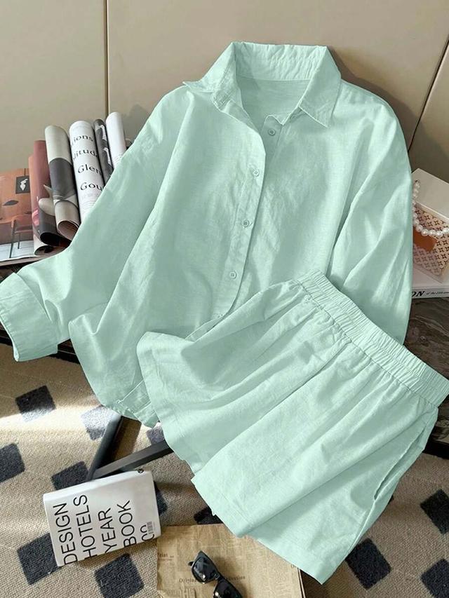 minimalist mint green linen long sleeve shorts set