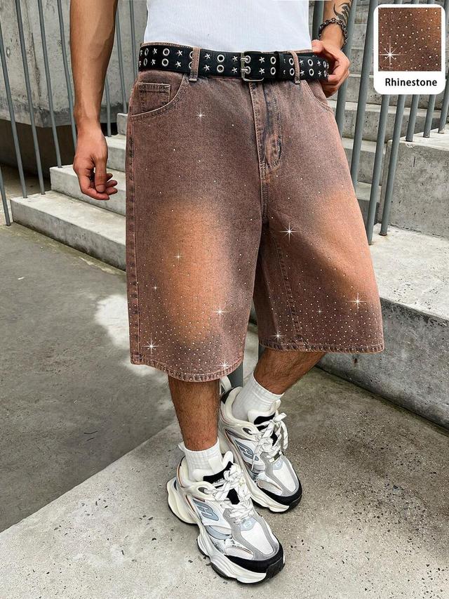 vintage washed brown denim rhinestone decorated shorts