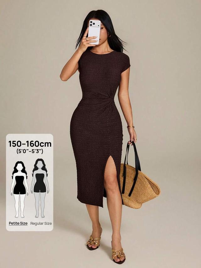 textured waist twist sleeveless midi bodycon dress