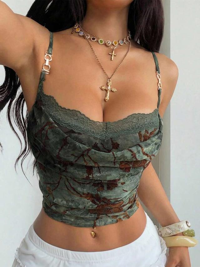 green floral velvet cami top with lace trim