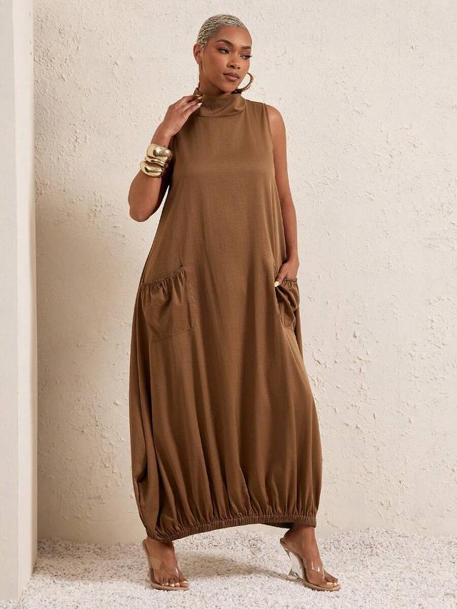 brown sleeveless mock neck midi dress with pockets