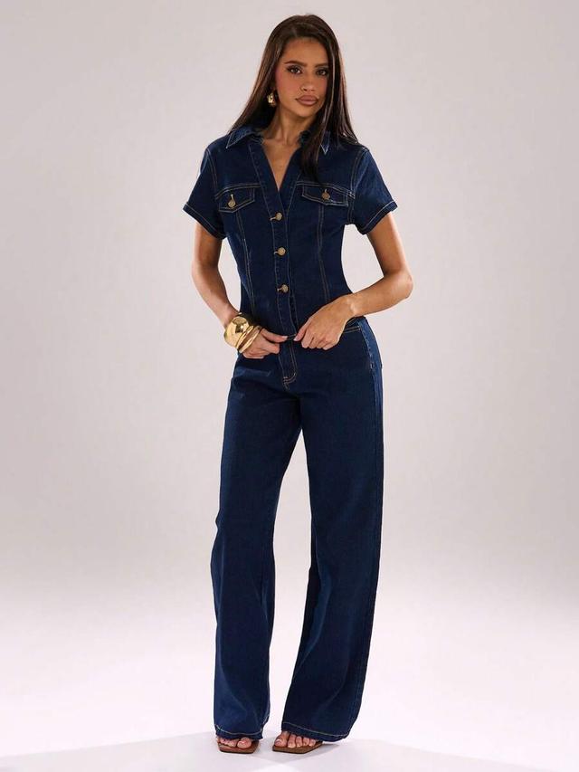 navy blue denim shirt and wide-leg jeans set