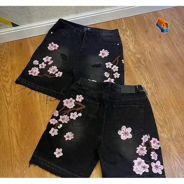 dark black floral men's camo distressed denim cargo shorts
