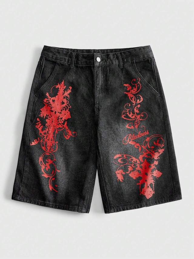 washed black denim shorts with red graphic print
