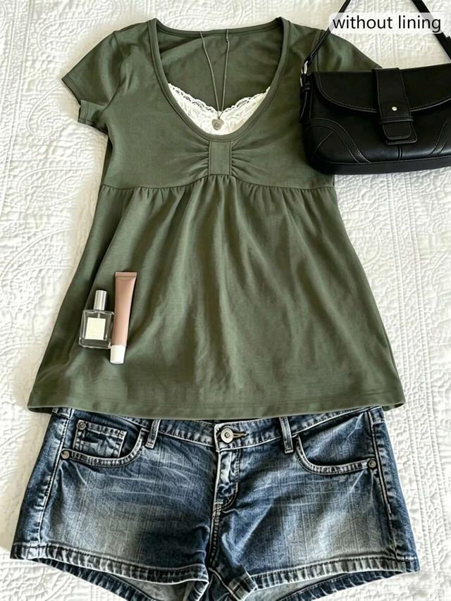 olive green pleated empire waist casual t-shirt