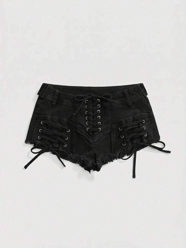 black denim lace-up frayed hem shorts