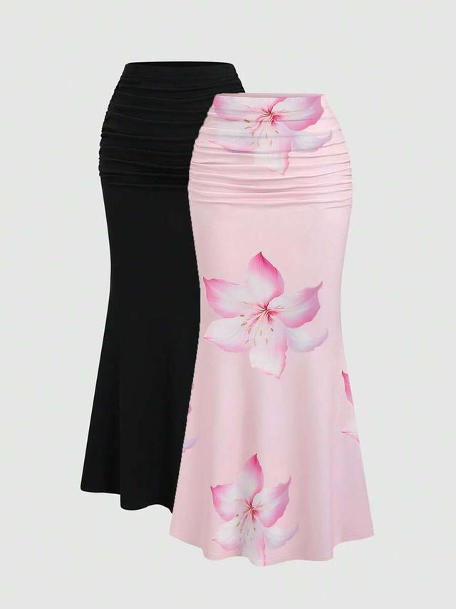pink floral print mermaid skirt with ruched waist