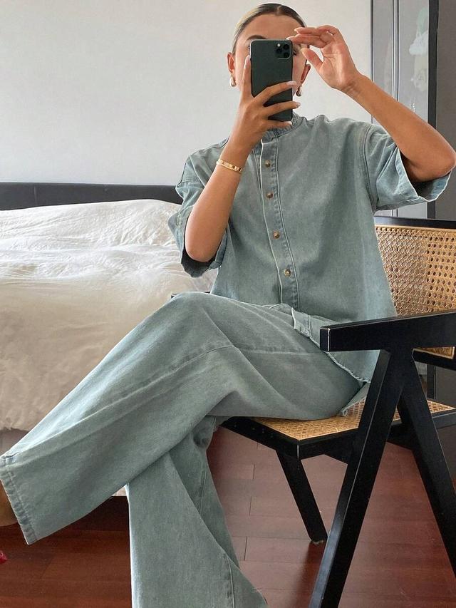 light wash denim button-up shirt and wide-leg trousers set