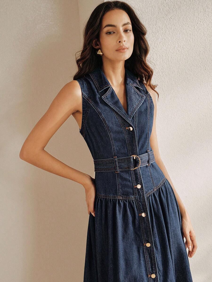 dark blue denim sleeveless collared midi dress
