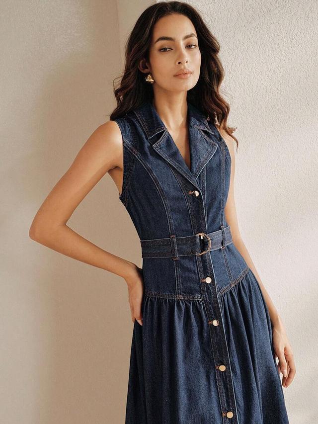 dark blue denim sleeveless collared midi dress