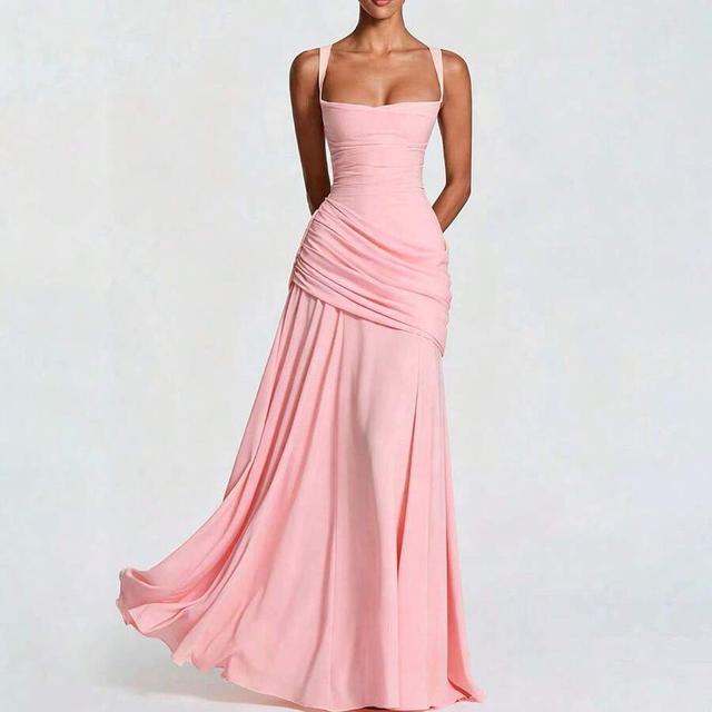 pink draped bodice floor length gown