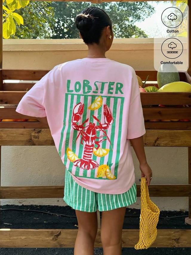 light pink graphic lobster print loose cotton t-shirt