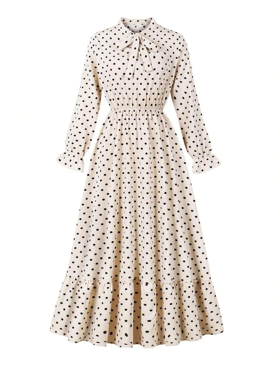vintage polka dot long sleeve bowknot midi dress