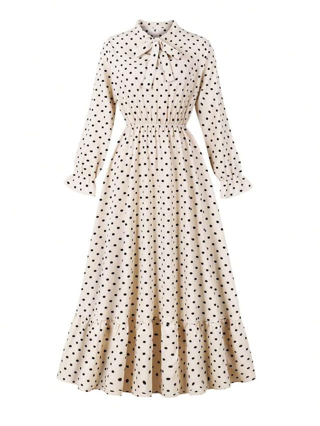 vintage polka dot long sleeve bowknot midi dress
