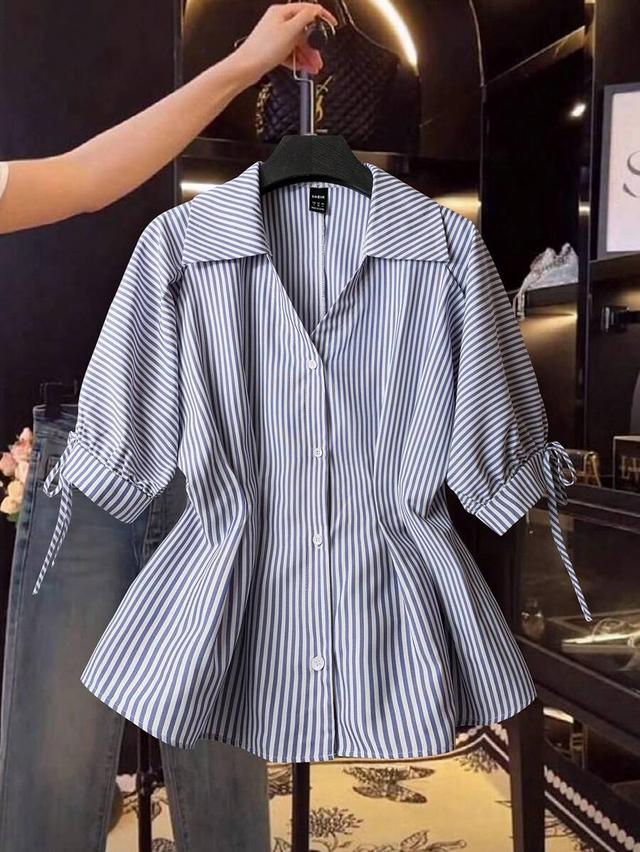 franclia elegant striped short sleeve puff blouse