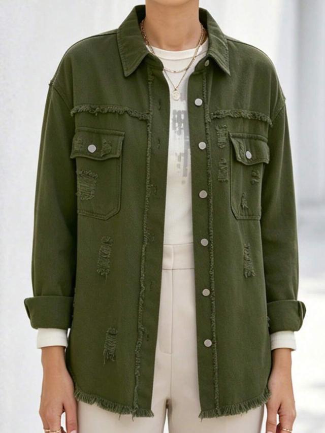 olive green distressed denim utility shacket