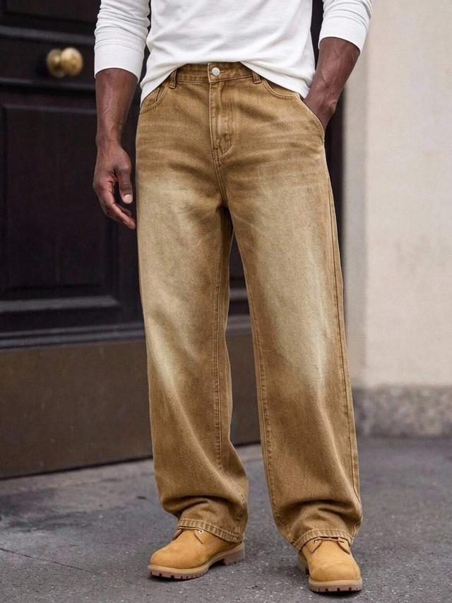 brown washed denim relaxed fit jeans