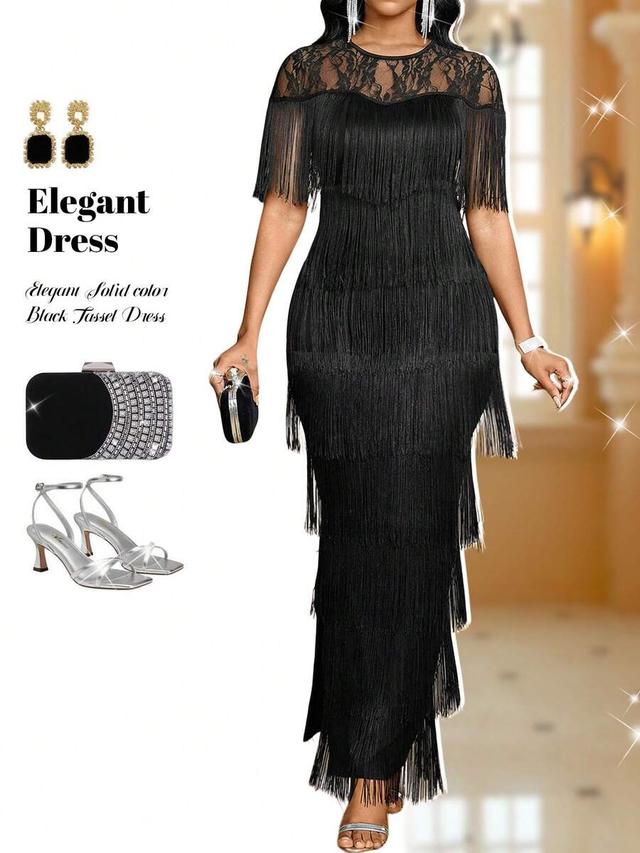 black contrast lace round neck multilayer tassel fringe dress