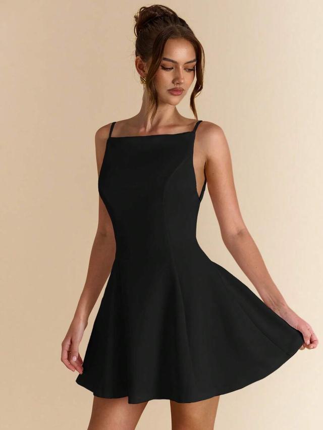 black solid backless fit and flare mini dress