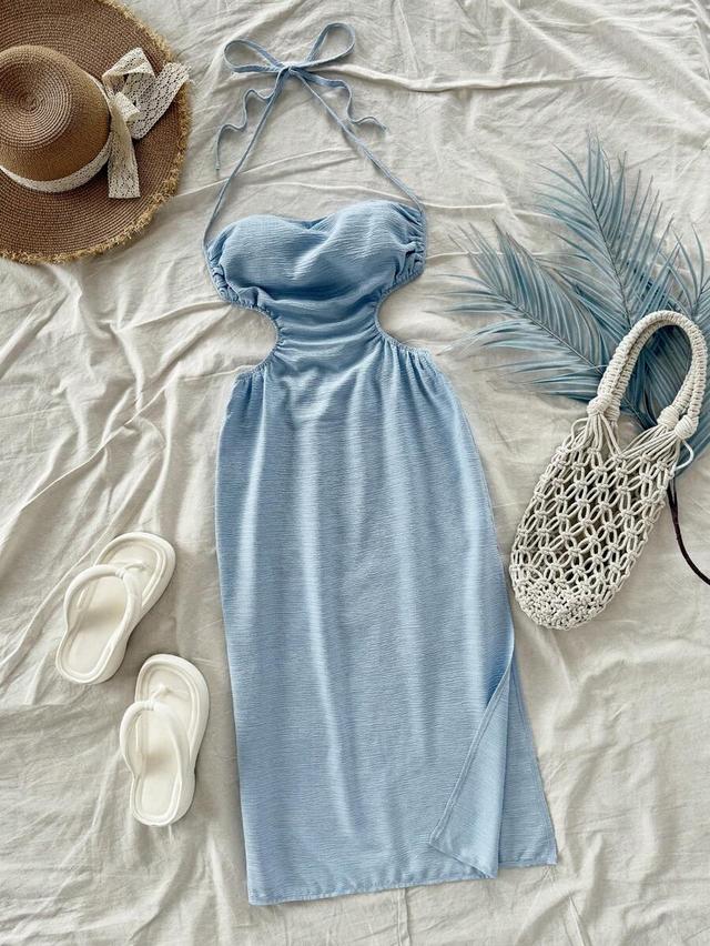 soleia light blue hollow out back tie-up long dress