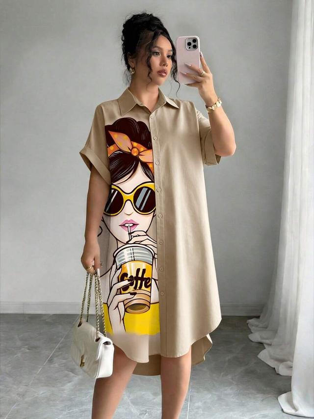 khaki casual shirt dress with graphic print