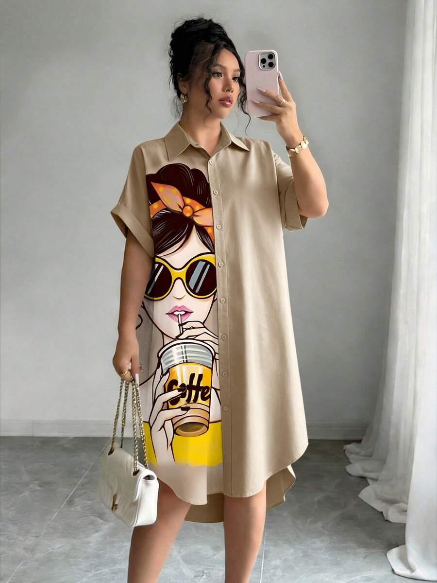 khaki casual shirt dress with graphic print