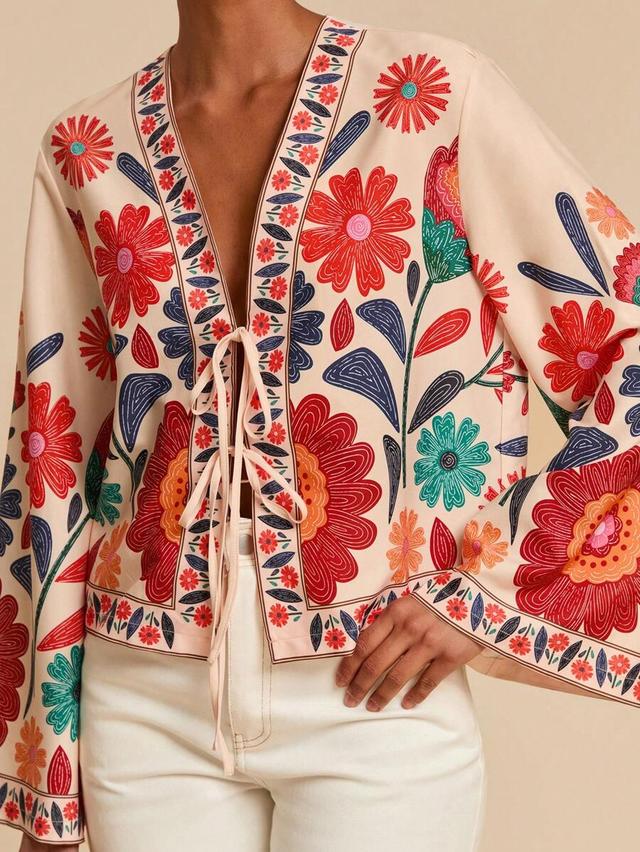beige floral boho long sleeve woven blouse
