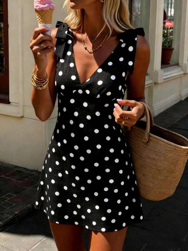 vintage brown polka dot v-neck bow strap mini dress