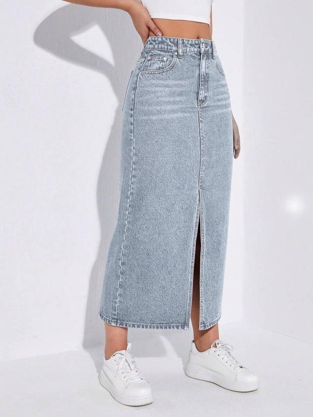 light wash denim midi skirt with front slit