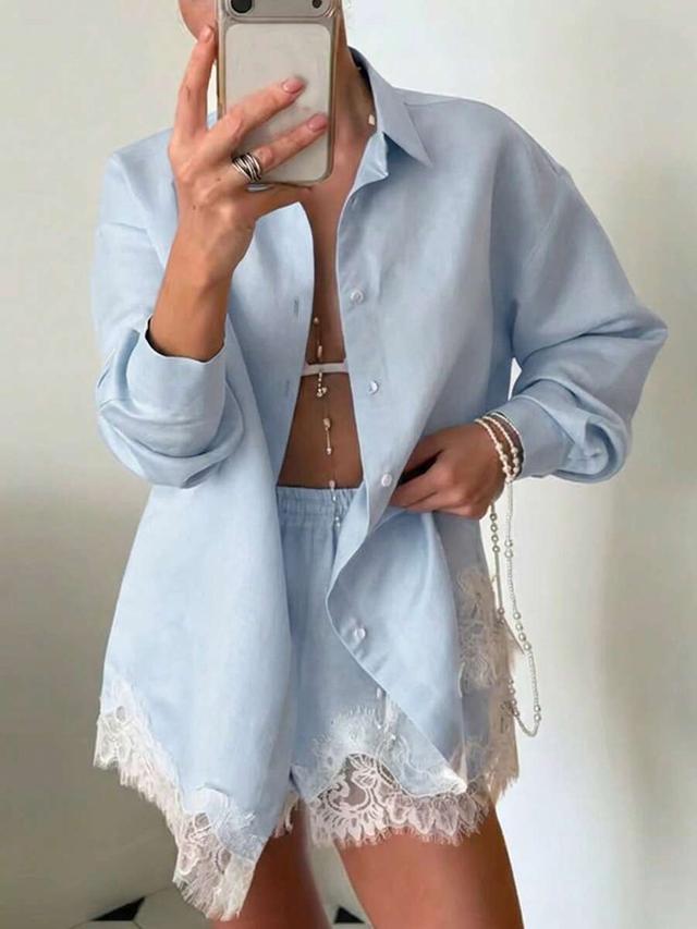 women's casual light blue lace patchwork shirt and shorts