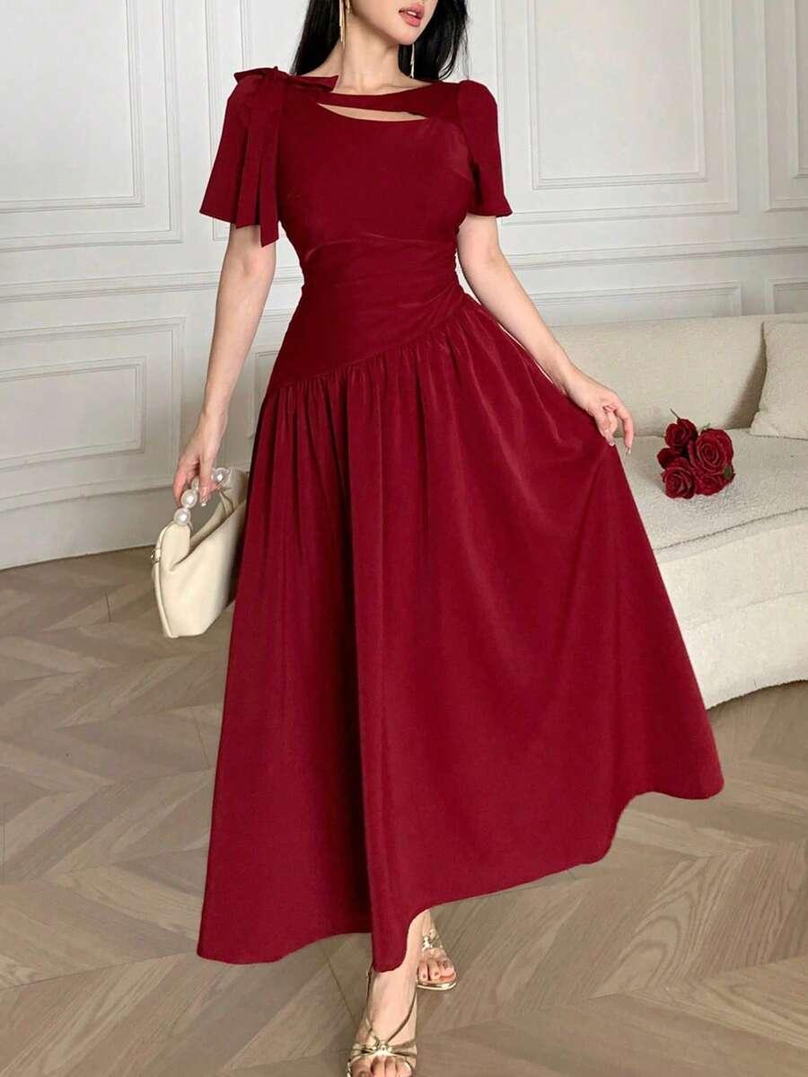 burgundy french style hollow collar ruched elegant dress