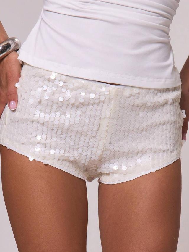 white sequin low waist fitted mini shorts