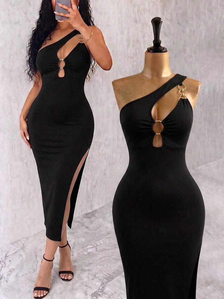black one-shoulder midi dress with gold ring hardware