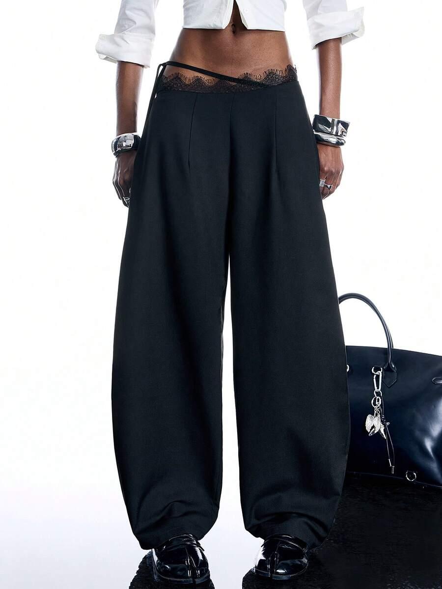 black lace patchwork tie-up wide leg trousers