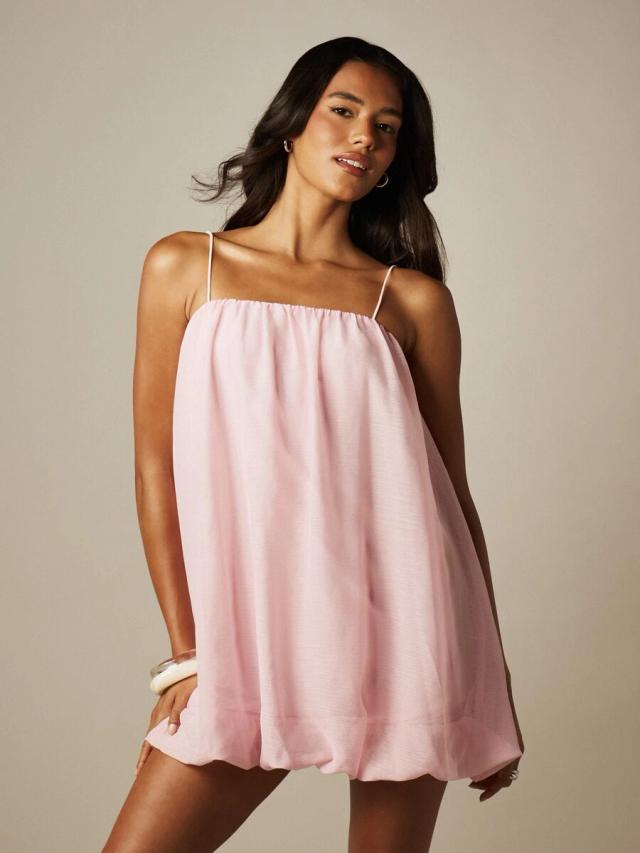pink bubble hem mini shift dress with spaghetti straps