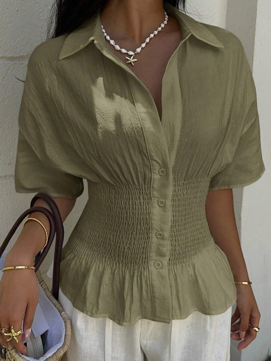 olive green woven smocked waist short sleeve blouse
